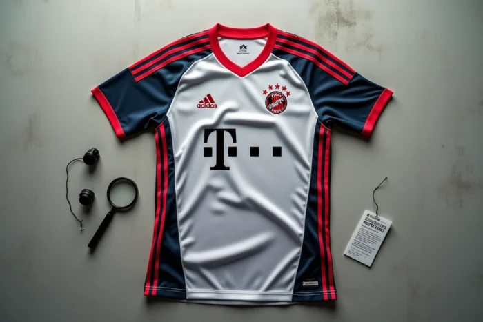 Vue à plat d'un maillot Bastard München authentique montrant les détails de broderie, les logos et la qualité du tissu mesh polyester