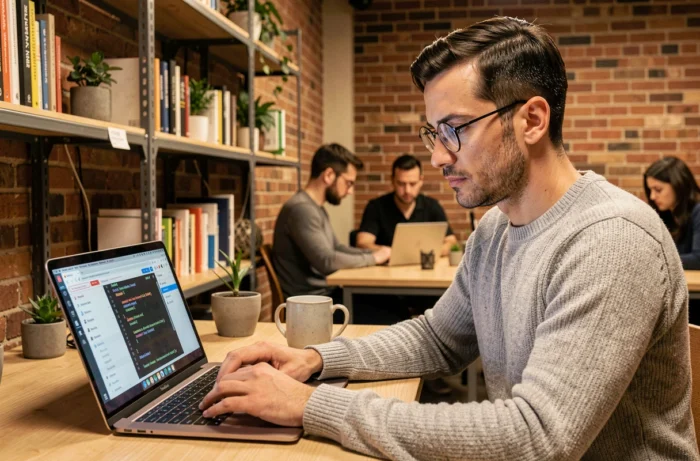 Développeur indépendant travaillant sur une solution informatique innovante dans un espace de coworking