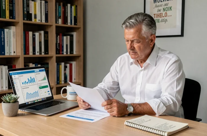 Directeur des ressources humaines analysant une stratégie RH sur son bureau avec des tableaux de bord de performance