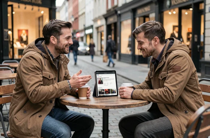 Deux amis discutant de séries TV autour d'un café en terrasse urbaine avec une tablette