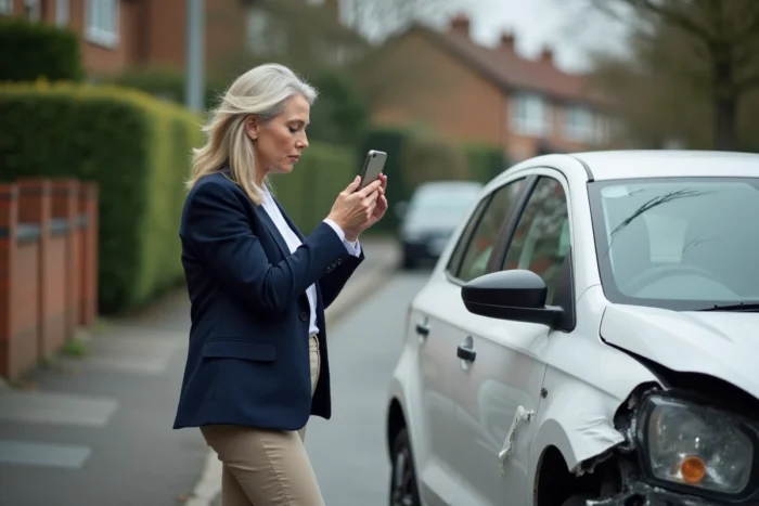 Femme prenant en photo les dégâts sur la carrosserie d'une voiture après un accident