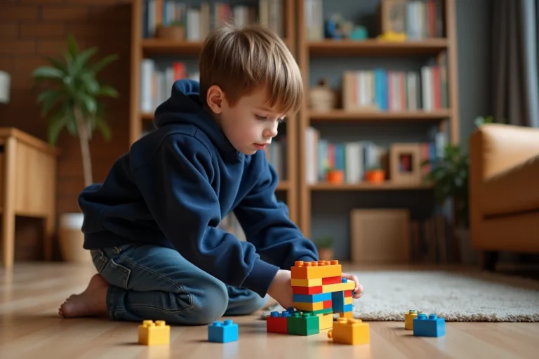 Garçon de 8 ans concentré en train d'assembler des briques LEGO colorées sur le sol d'un salon familial chaleureux