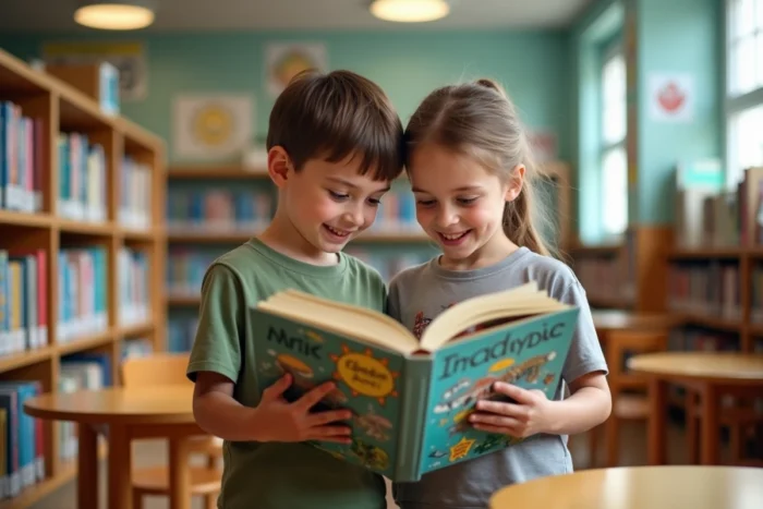 Deux enfants de 8 ans explorant ensemble un livre illustré de sciences dans une bibliothèque scolaire colorée