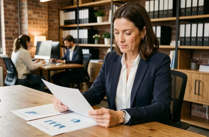 Entrepreneuse consultant des documents de stratégie dans un espace de coworking moderne pour booster sa PME