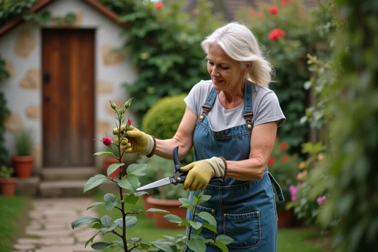 Femme en tablier jardinage taillant des rosiers avec un sécateur dans un jardin fleuri au printemps