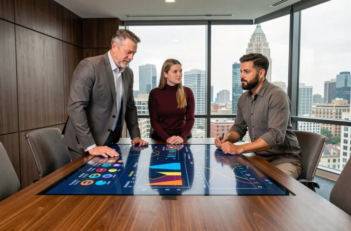 Équipe de professionnels analysant des données d'entreprise sur une table de conférence tactile connectée