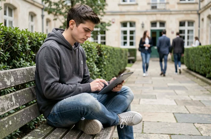 Étudiant paramétrant son email académique Nantes sur une tablette dans la cour d'une université
