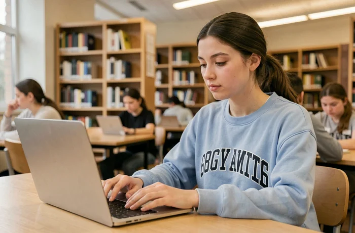 Étudiante configurant sa boîte mail académique Nantes sur un ordinateur portable dans une bibliothèque universitaire