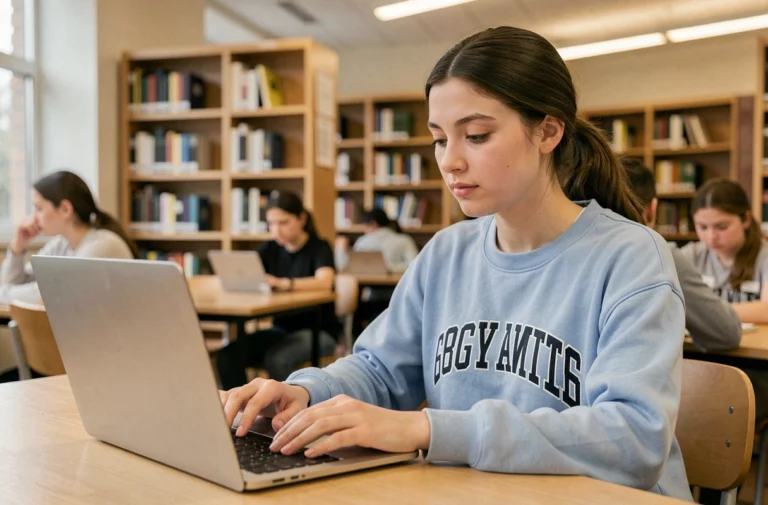Étudiante configurant sa boîte mail académique Nantes sur un ordinateur portable dans une bibliothèque universitaire