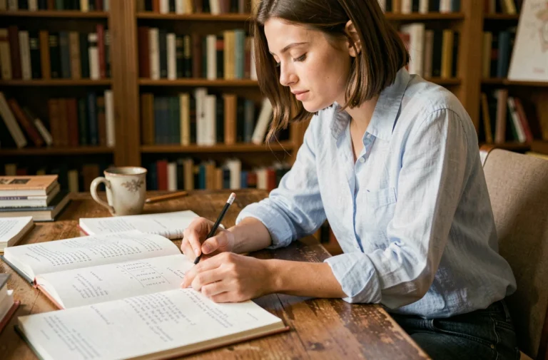 Jeune femme étudiant la conjugaison du verbe partir au présent dans un bureau chaleureux entouré de livres de grammaire française
