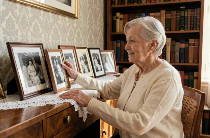 Femme âgée française entourée de photos de famille en noir et blanc, symbolisant l'évolution historique et la transmission du prénom Lucie à travers les générations