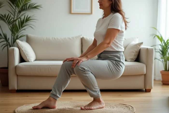 Femme effectuant des exercices de rotation des pieds pour améliorer la circulation sanguine, assise sur un canapé en lin beige dans un salon moderne
