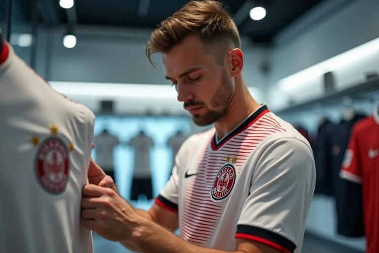 Expert en équipement sportif inspectant la qualité des coutures et du badge brodé d'un maillot Bastard München premium en magasin