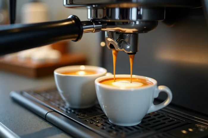 Gros plan sur l'extraction d'un espresso avec crema depuis la machine Saeco Picobaristo Deluxe dans deux tasses en céramique blanche