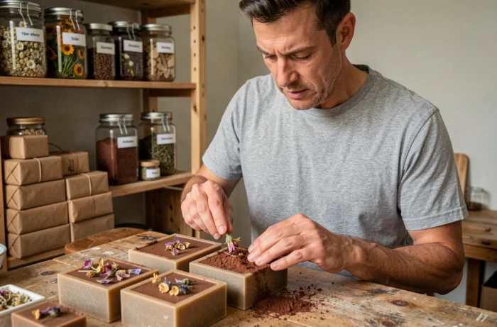 Homme incorporant des fleurs séchées et du cacao dans des moules à savon fait maison dans un atelier domestique