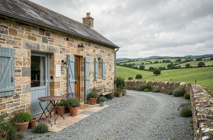 Façade authentique d'un gîte de France en pierre avec terrasse fleurie et volets bleus dans la campagne française