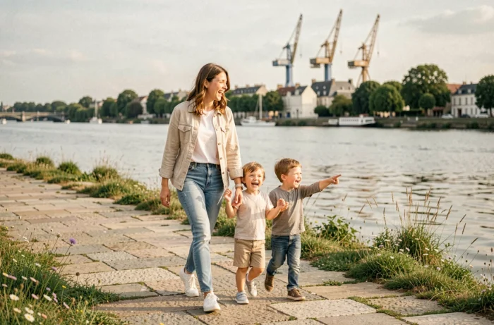 Famille se promenant au bord de la Loire à Nantes avec vue sur l'Île de Nantes