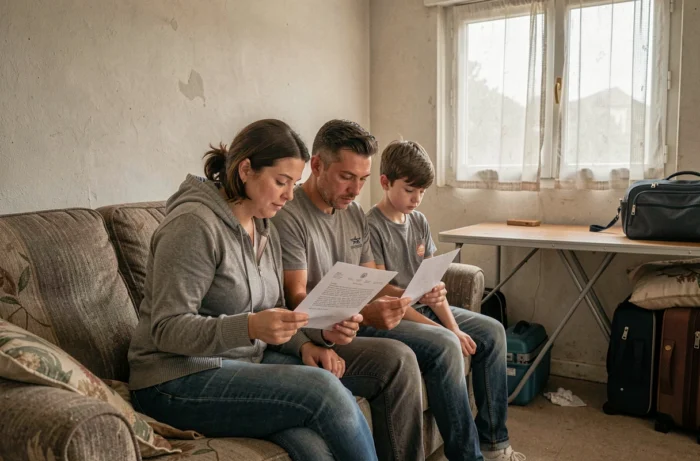 Famille en logement temporaire consultant une lettre de décision DALO