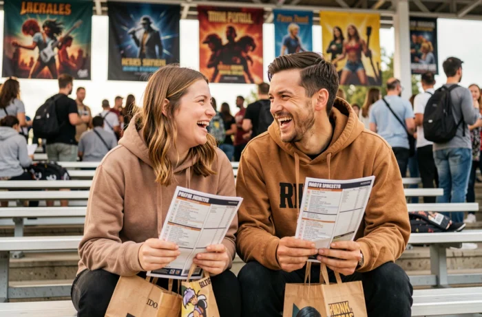Deux amis fans de séries télévisées à une convention, discutant avec enthousiasme en tenant des programmes et des goodies