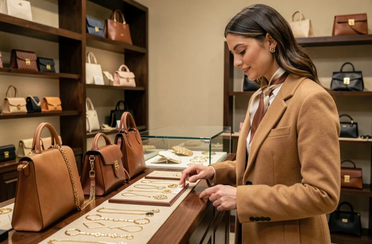 Femme élégante en manteau camel explorant des accessoires tendance dans une boutique de mode chic