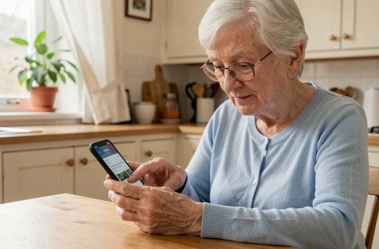 Une femme âgée aux cheveux blancs utilisant un smartphone Samsung à table dans une cuisine chaleureuse, illustrant l'activation du mode senior