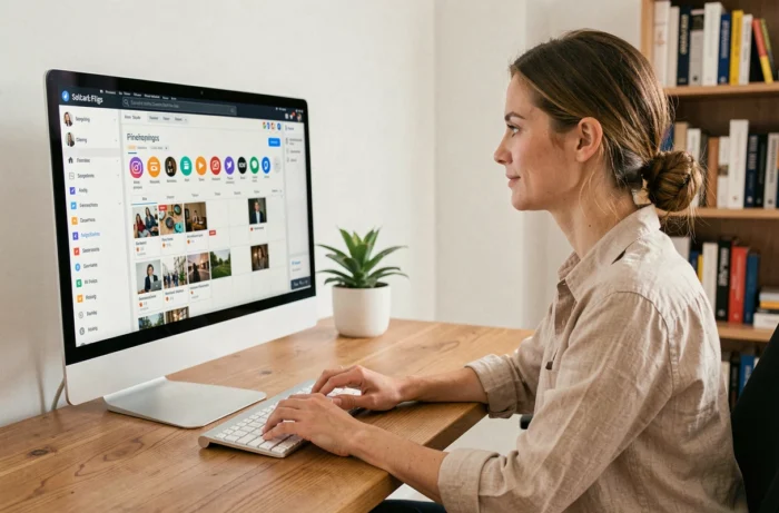 Femme utilisant un tableau de bord de planification de réseaux sociaux sur ordinateur de bureau pour automatiser ses publications