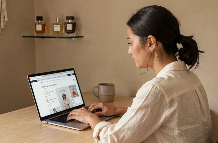 Femme consultant des avis clients et codes promo sur un site de parfumerie en ligne depuis son bureau à domicile
