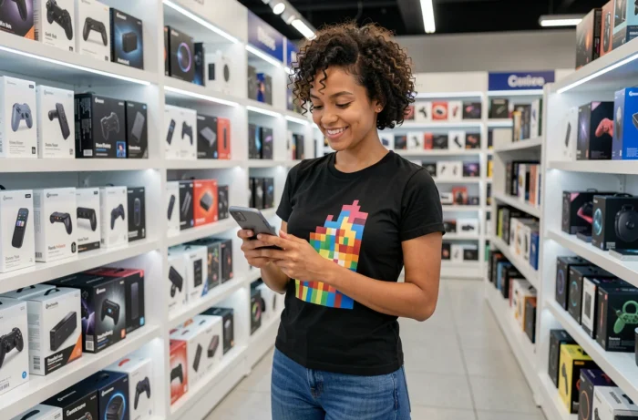 Femme consultant une boutique geek sur smartphone dans un magasin d'accessoires high-tech et gaming