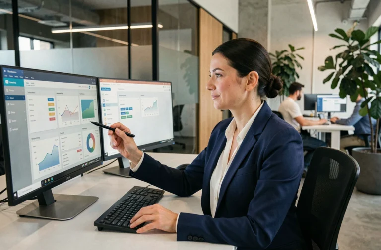 Femme cadre utilisant un logiciel de gestion d'entreprise sur double écran dans un bureau moderne