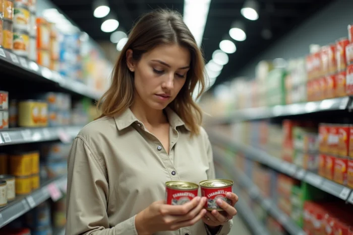 Femme lisant l'étiquette d'une boîte de sardines en conserve dans un rayon de supermarché, comparant deux marques différentes