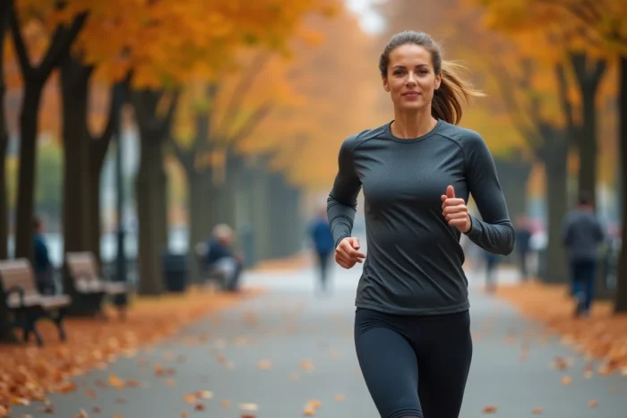 Femme qui court en endurance aérobie sur un chemin urbain entouré d'arbres en automne, illustrant l'effort aérobie en sport