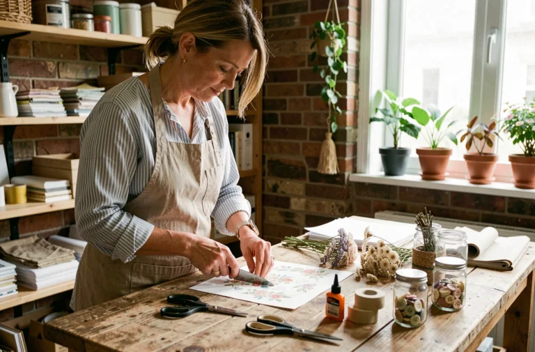 Femme créant des objets artisanaux DIY sur un établi en bois avec matériaux de scrapbooking