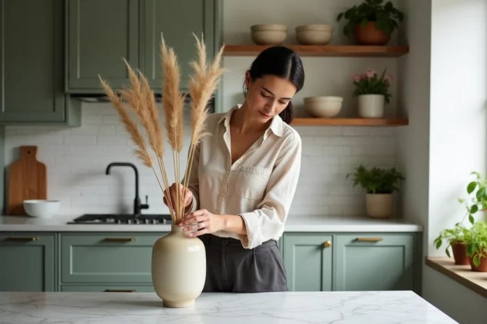 Femme arrangeant des herbes de pampa dans un vase en céramique sur un îlot de cuisine en marbre avec des armoires vert sauge