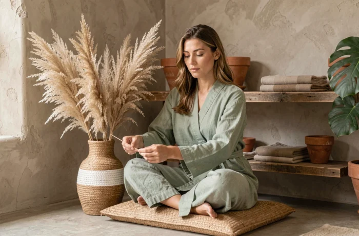 Femme sereine en robe en lin disposant des herbes de la pampa dans un vase tressé, dans un intérieur zen aux tons chauds et naturels