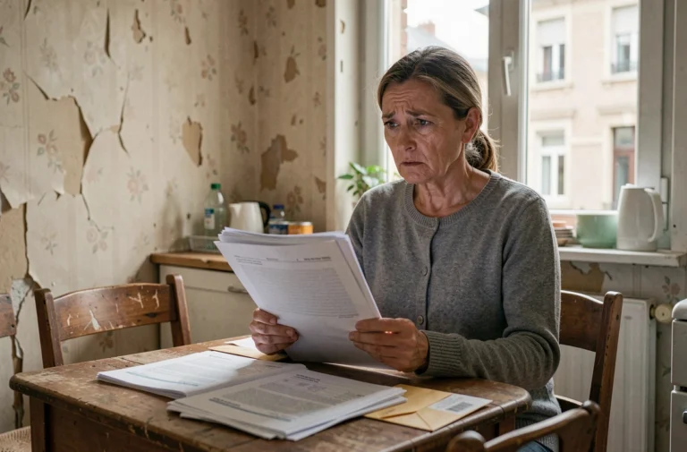 Femme tenant des documents de demande de logement DALO à son domicile modeste
