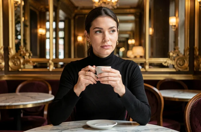 Femme raffinée et discrète attablée dans une brasserie parisienne élégante