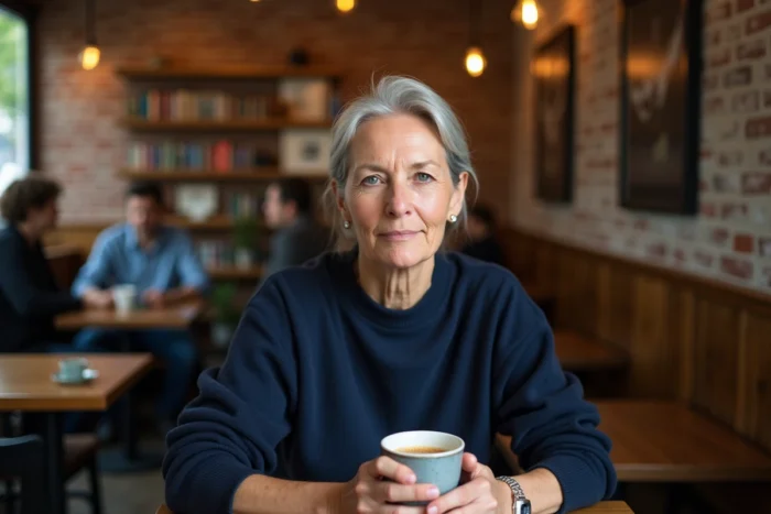 Femme posée et naturelle dans un café de quartier tenant une tasse de café, représentant une personnalité discrète et authentique