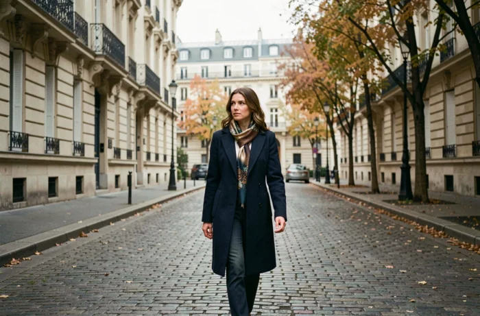 Femme stylée marchant dans une rue pavée parisienne en automne