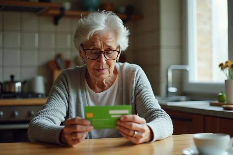 Femme d'âge mûr examinant sa carte Vitale avec une expression perplexe à une table de cuisine, illustrant les questions liées à l'ALD non affichée sur la carte Vitale