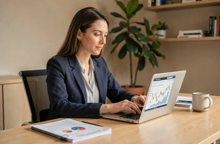 Femme professionnelle gérant ses finances en ligne sur une plateforme numérique depuis son bureau à domicile