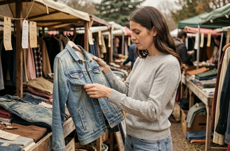 Femme inspectant une veste en jean d'occasion sur un marché aux puces, vêtements de seconde main et hygiène