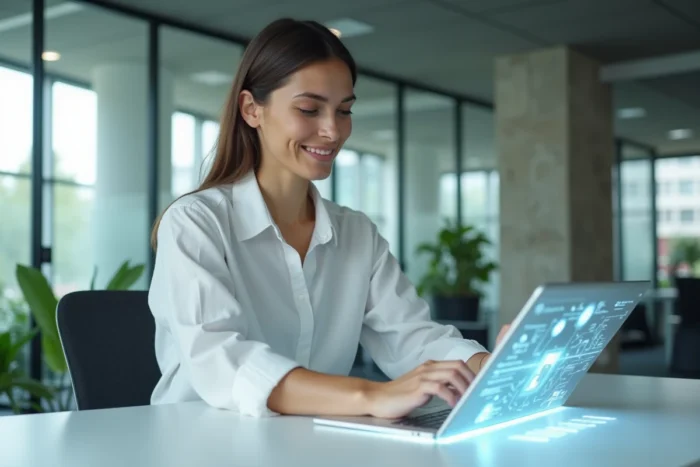 Femme utilisant une interface technologique holographique sur une tablette dans un bureau moderne et minimaliste