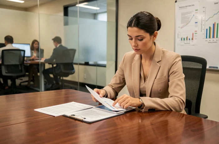 Femme professionnelle étudiant des documents d'investissement dans une salle de réunion financière