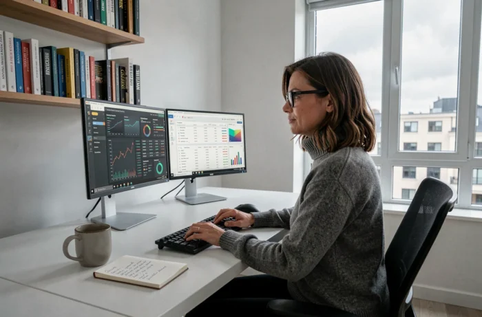 Femme investisseuse travaillant sur une stratégie de portefeuille diversifiée depuis son bureau à domicile avec deux écrans