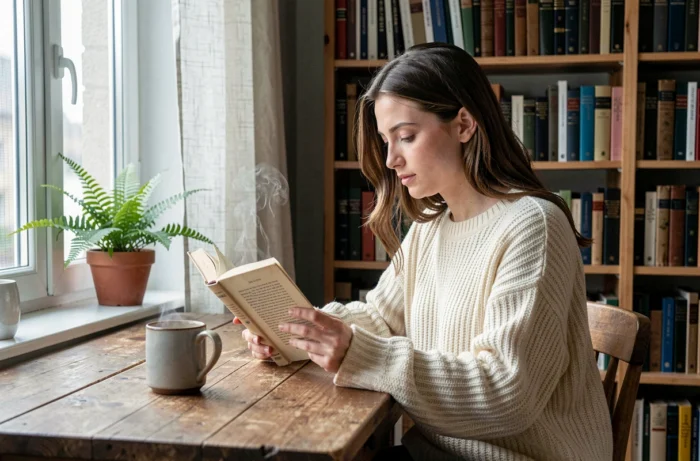 Jeune femme lisant un livre dans un salon bibliothèque cosy, idée de loisir culturel à la maison
