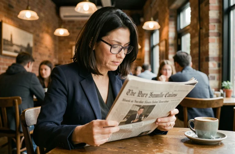 Femme lisant un journal dans un café, symbolisant la consultation quotidienne des actualités incontournables