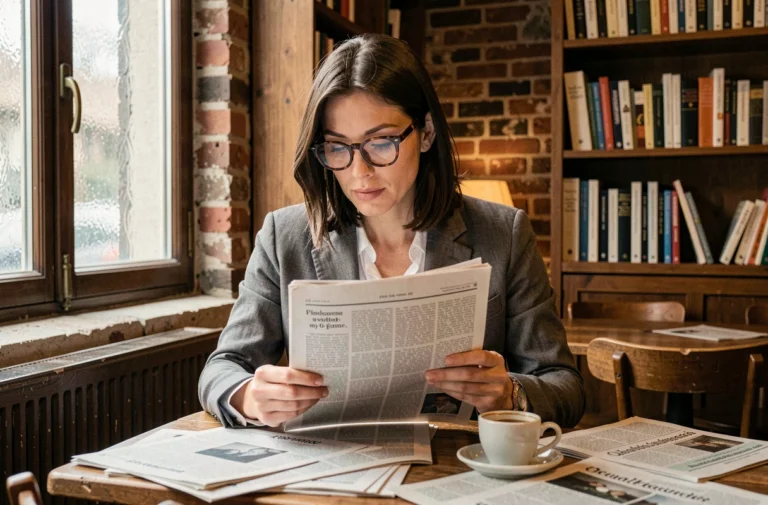 Femme lisant un journal indépendant dans un café parisien, illustrant la sélection de l'actualité indépendante