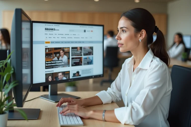 Femme professionnelle naviguant sur un site d'actualité business depuis son bureau moderne