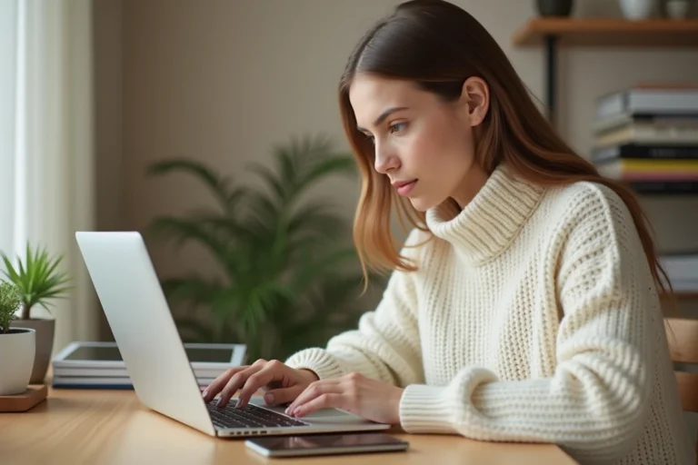Jeune femme naviguant sur la page sitemap d'un site de mode en ligne depuis son bureau à domicile