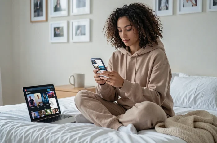 Jeune femme partageant ses avis sur ses séries TV depuis son smartphone dans sa chambre